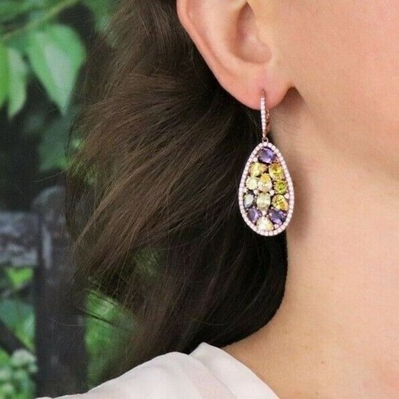 Rose Gold over Sterling Silver Multi Color Cz Earrings Dangle Drop Earrings - Picture 2 of 7